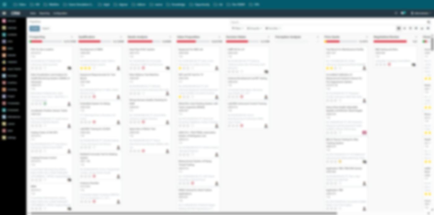 Tampilan kanban peluang penjualan di Odoo, data disamarkan